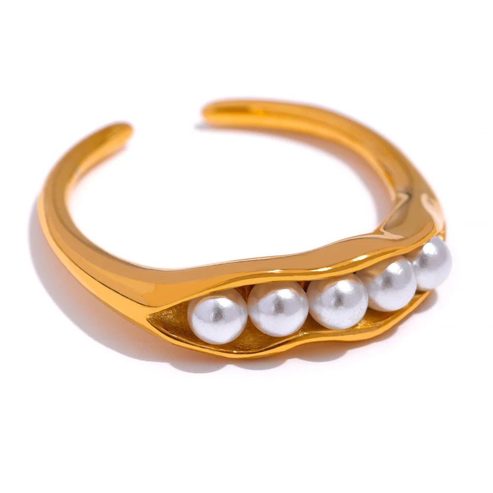Yhpup chique charme imitação de pérolas à prova dwaterproof água metal aço inoxidável anel aberto nova moda 18k banhado a ouro feminino tendência jóias