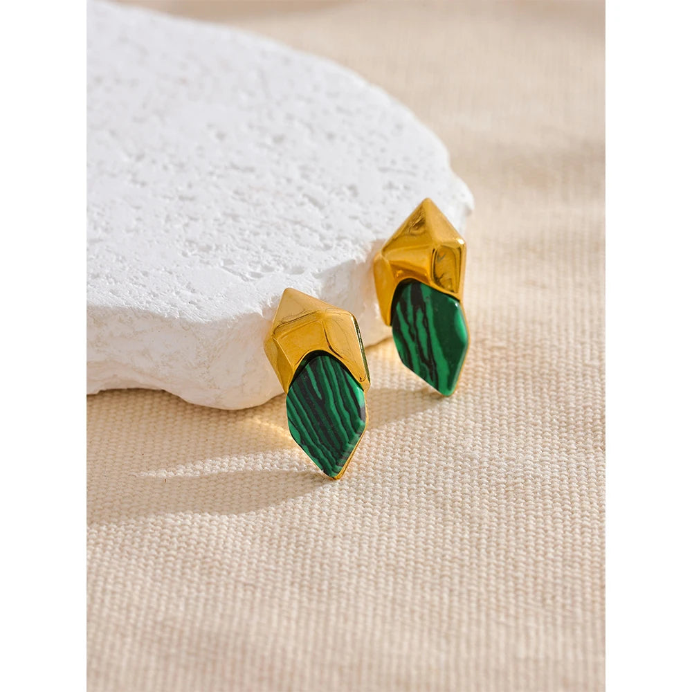 Yhpup 316l aço inoxidável malaquita pedra geométrica verde brincos de alta qualidade ouro moda jóias acessórios presente
