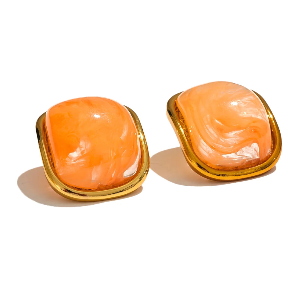 Yhpup-Brincos Quadrados Dourados para Mulheres, Resina Colorida, Aço Inoxidável, Jóias de Charme Doce, Impermeável, Banhado a 18K, Y2K, Verão, 2024