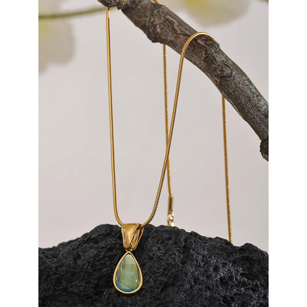 Yhpup elegante vidro verde cristal gota de água pingente colar para mulher 316l aço inoxidável fundido cor ouro moda jóias novo
