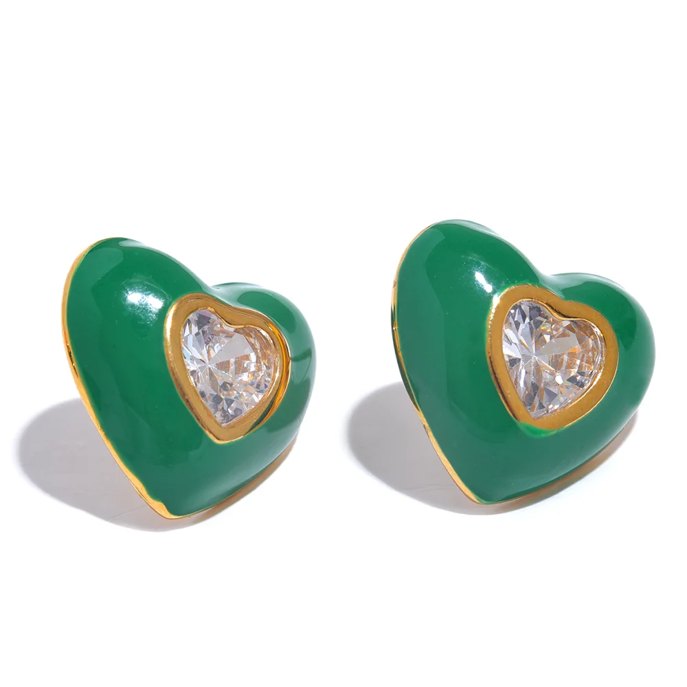 Yhpup 6 cores esmalte brilhante zircônia cúbica aço inoxidável coração colorido brincos requintados de alta qualidade joias da moda y2k