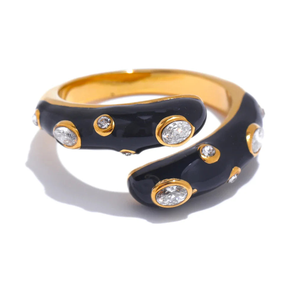 Yhpup doce ajustável y2k azul branco preto rosa esmalte zircônia cúbica requintado anel aberto dourado joias de aço inoxidável presente