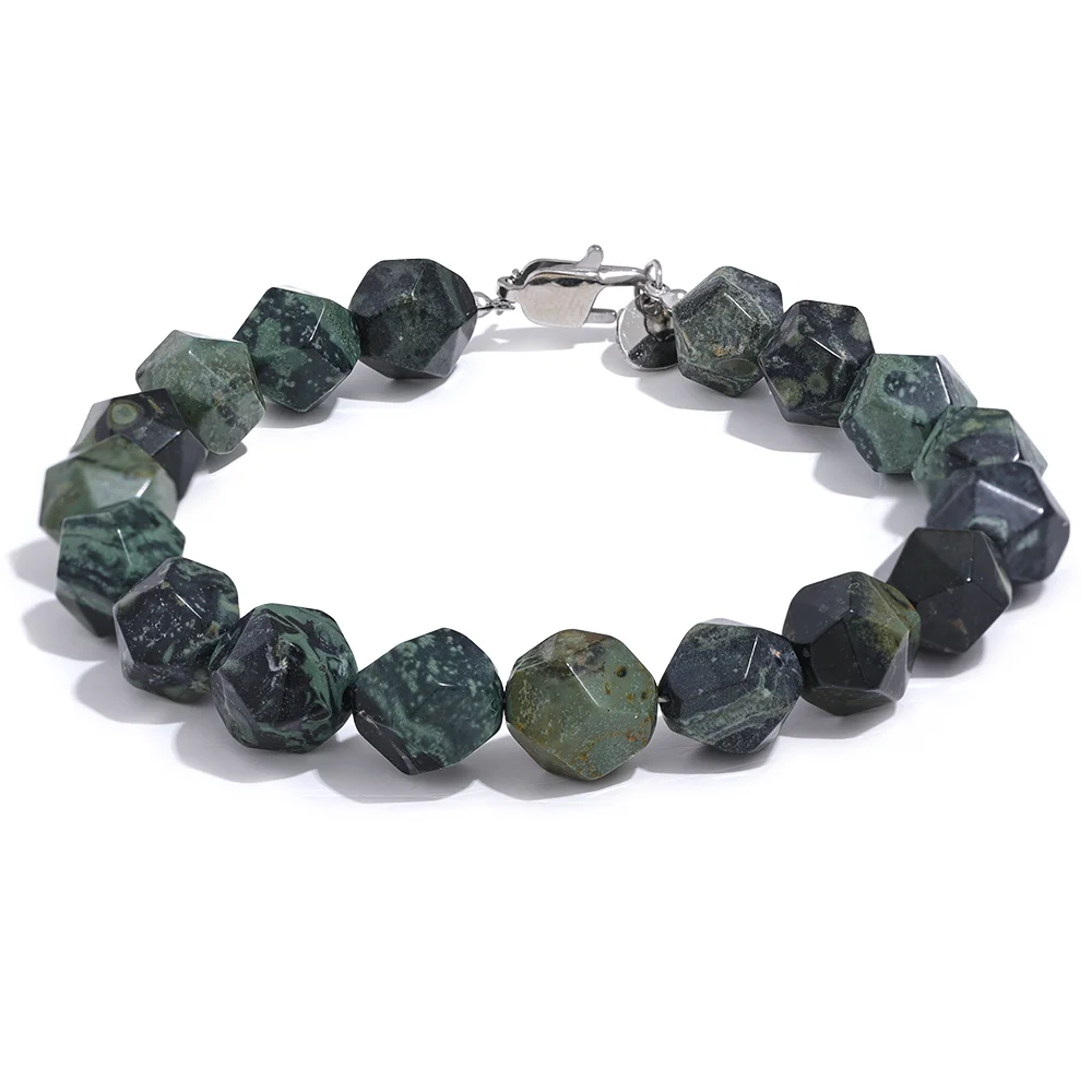 Yhpup-Natural Malaquita Pedra Contas Pulseira para Homens e Mulheres, Pulseira de Aço Inoxidável, Unisex Saúde Jóias, Cadeia Artesanal, 8 #, 10 #