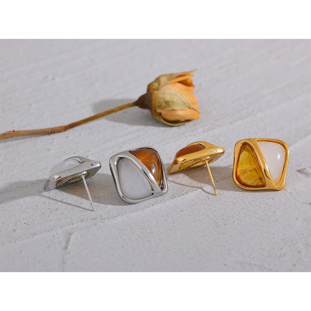 Yhpup brincos quadrados de resina de caramelo, aço inoxidável, declaração de metal, à prova d'água, vintage, elegante, frança, joias, bijuterias femininas