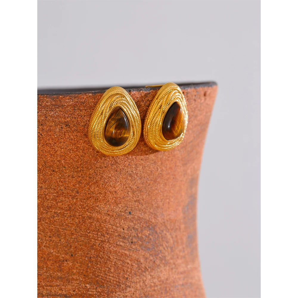 Yhpup gota de água pedra natural moda geométrica diária brincos vintage tigre lápis-lazúli charme jóias cor ouro pvd