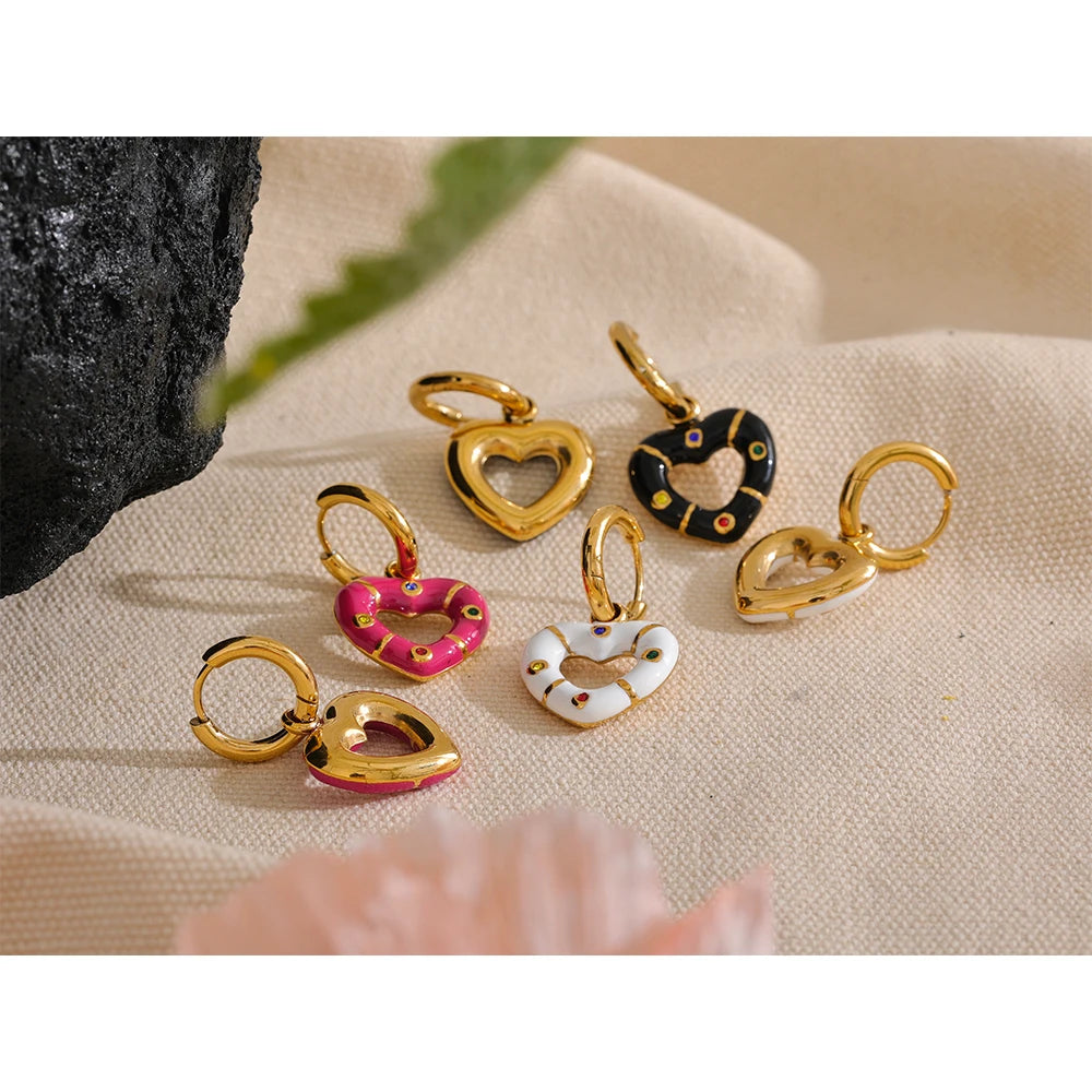 Yhpup moda rosa branco preto esmalte coração gota brincos de argola de aço inoxidável alta qualidade zircão charme jóias para presente feminino