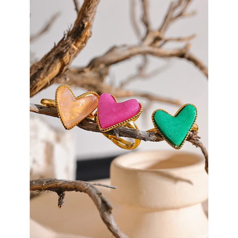 Yhpup doce y2k pedra natural de aço inoxidável coração amor anel aberto ajustável banhado a ouro real joias jovens para mulheres