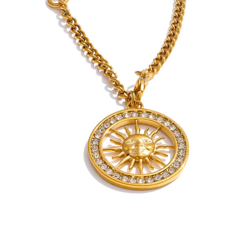 Yhpup estilo quente zircônia redonda sol oco pingente colar 18k cor de ouro aço inoxidável requintado premium jóias presente