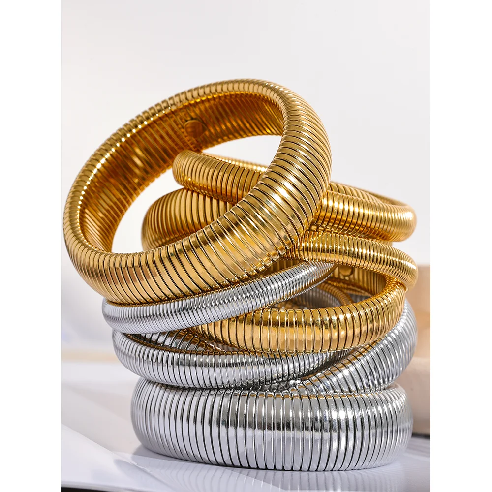Yhpup pulseira de metal grosso elástica de aço inoxidável à prova d'água 18K banhada a ouro tendência moda unissex joias masculinas e femininas