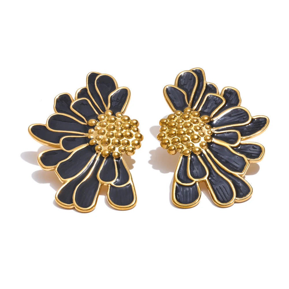 Yhpup grande branco preto esmalte flor declaração moda brincos 18k cor ouro pvd banhado a aço inoxidável jóias presente
