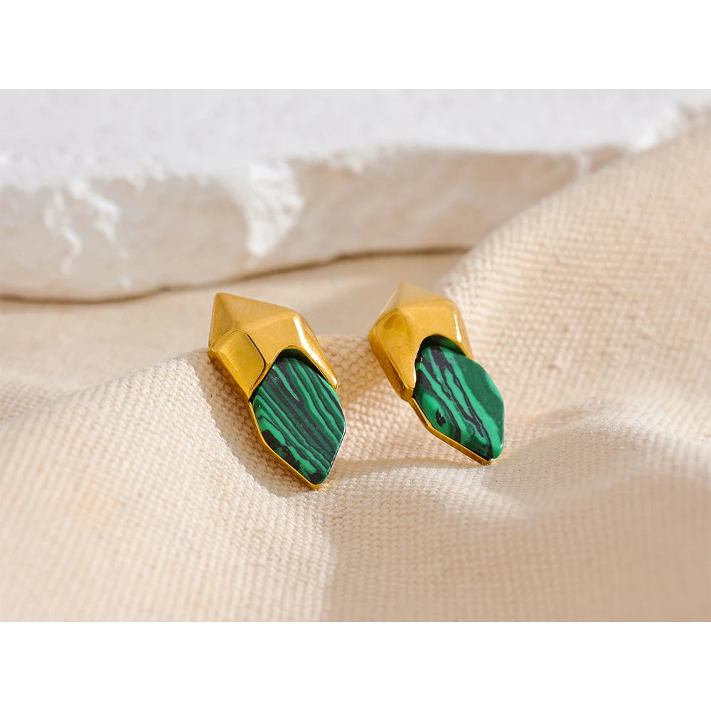 Yhpup 316l aço inoxidável malaquita pedra geométrica verde brincos de alta qualidade ouro moda jóias acessórios presente