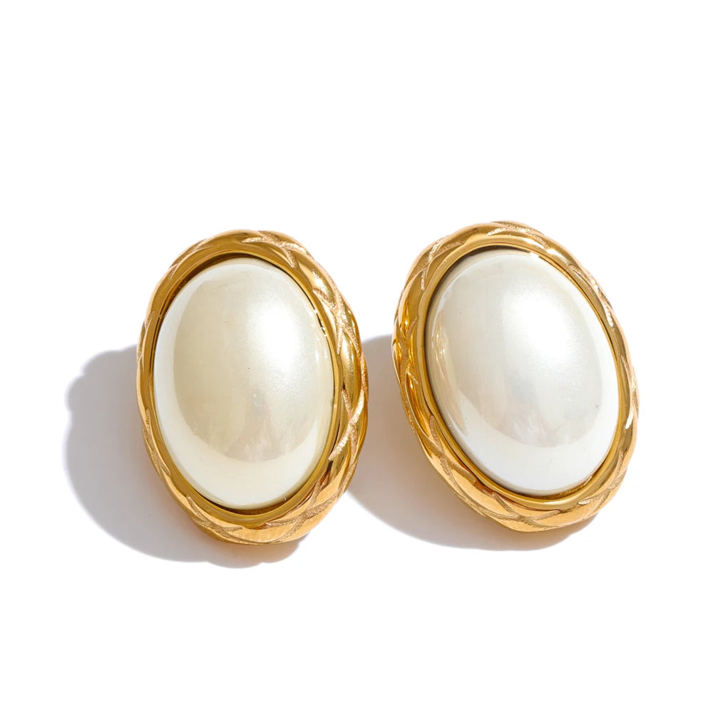 Yhpup estilo coreano amarelo simulado pérola oval brincos para mulheres de aço inoxidável 18k pvd banhado diariamente moda jóias presente