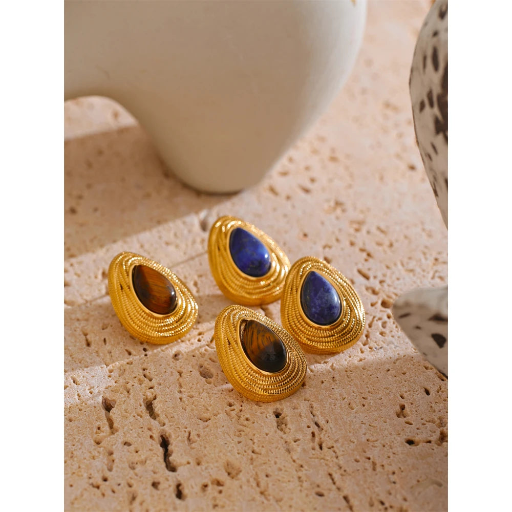 Yhpup gota de água pedra natural moda geométrica diária brincos vintage tigre lápis-lazúli charme jóias cor ouro pvd