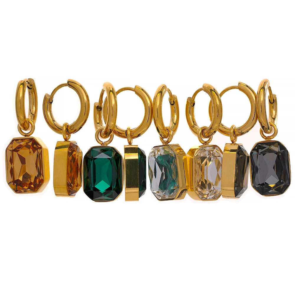 Yhpup Brincos pendentes de zircônia cúbica de aço inoxidável, brincos da moda banhados a ouro 18k, joias geométricas quadradas verdes