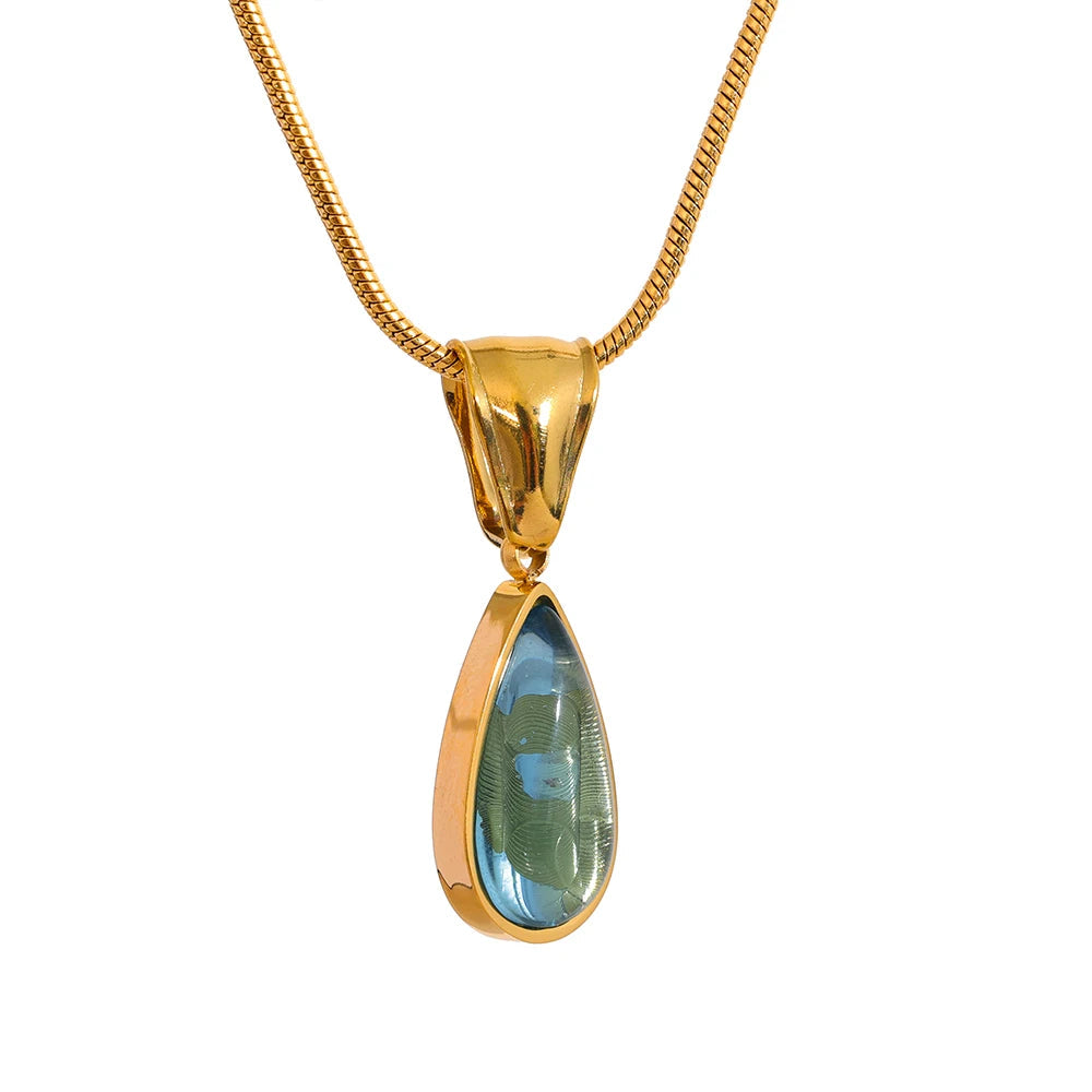 Yhpup elegante vidro verde cristal gota de água pingente colar para mulher 316l aço inoxidável fundido cor ouro moda jóias novo