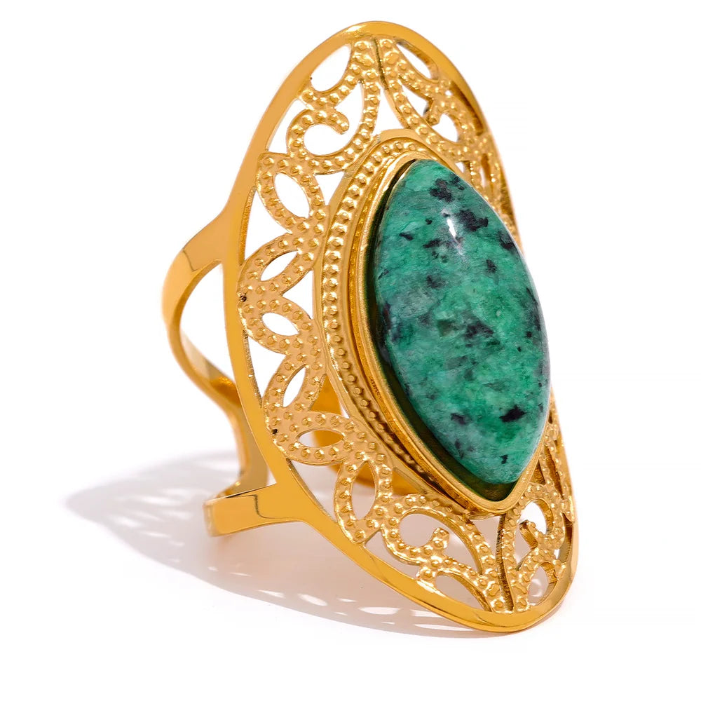 Yhpup vintage verde pedra natural anel aberto de aço inoxidável geométrico cor dourada elegante hiperbólico joias da moda para mulheres