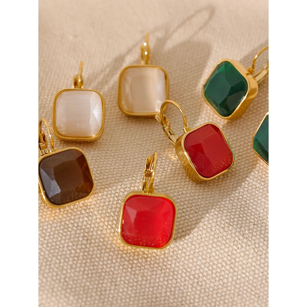 Yhpup delicado colorido vintage charme quadrado opala pedra brincos de gancho francês aço inoxidável 18k banhado a ouro joias à prova d'água