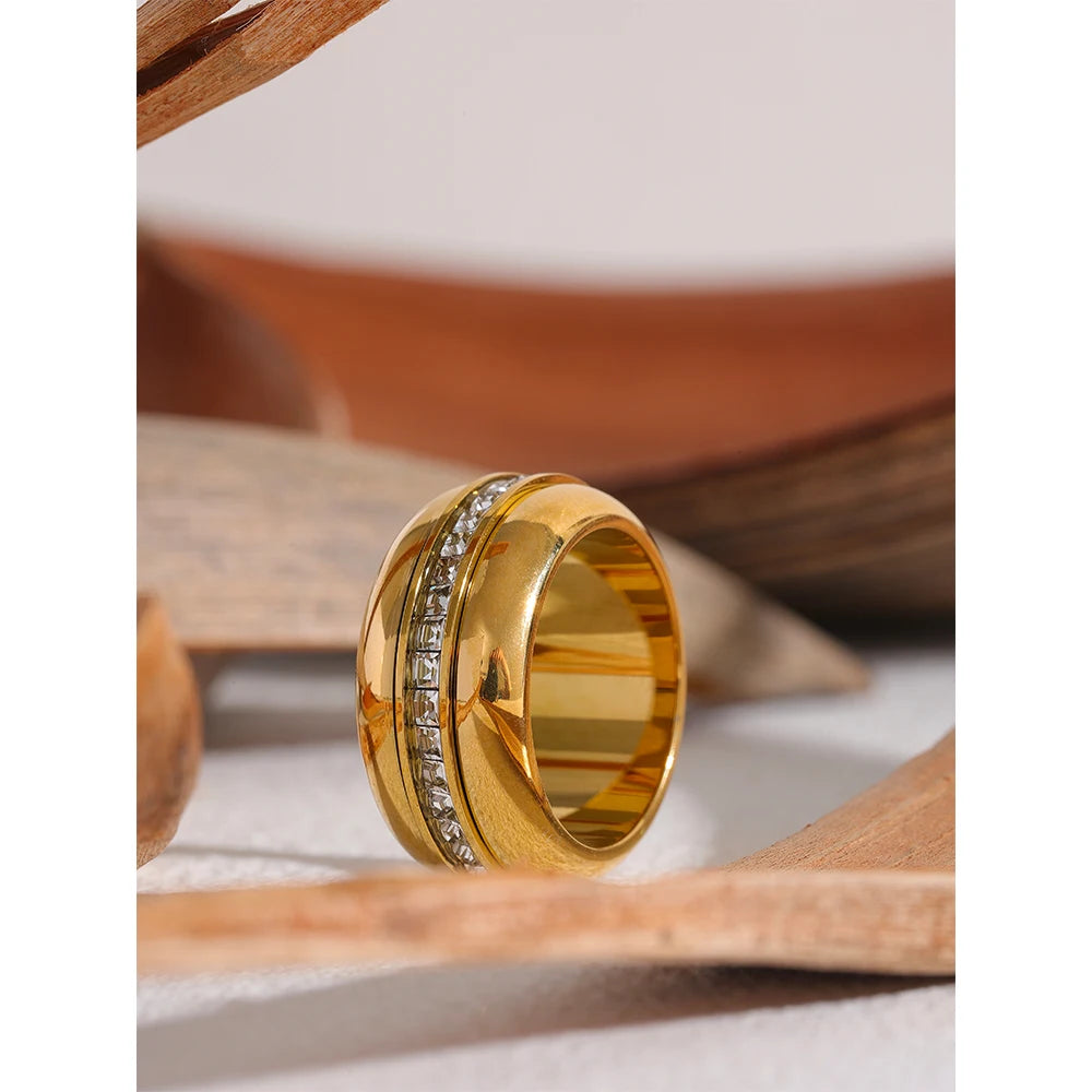 Yhpup rotatable cor do ouro grosso zircônia cúbica pedra anel de aço inoxidável textura à prova dwaterproof água moda metal redondo anillo jóias