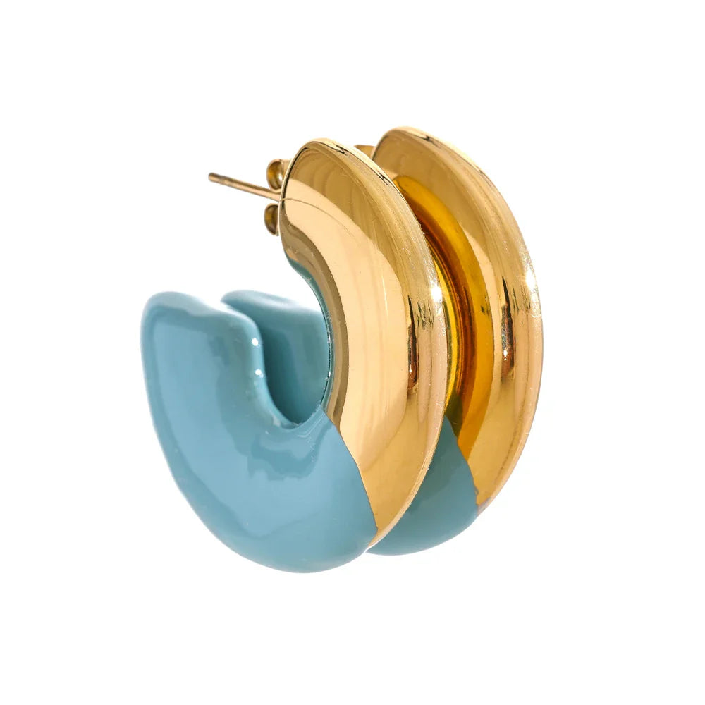 Brincos Huggie Forma Yhpup-C para Mulheres, Cor do Ouro, Aço Inoxidável, Jóias Diárias, Impermeável, Esmalte Requintado, Colorido, Versátil