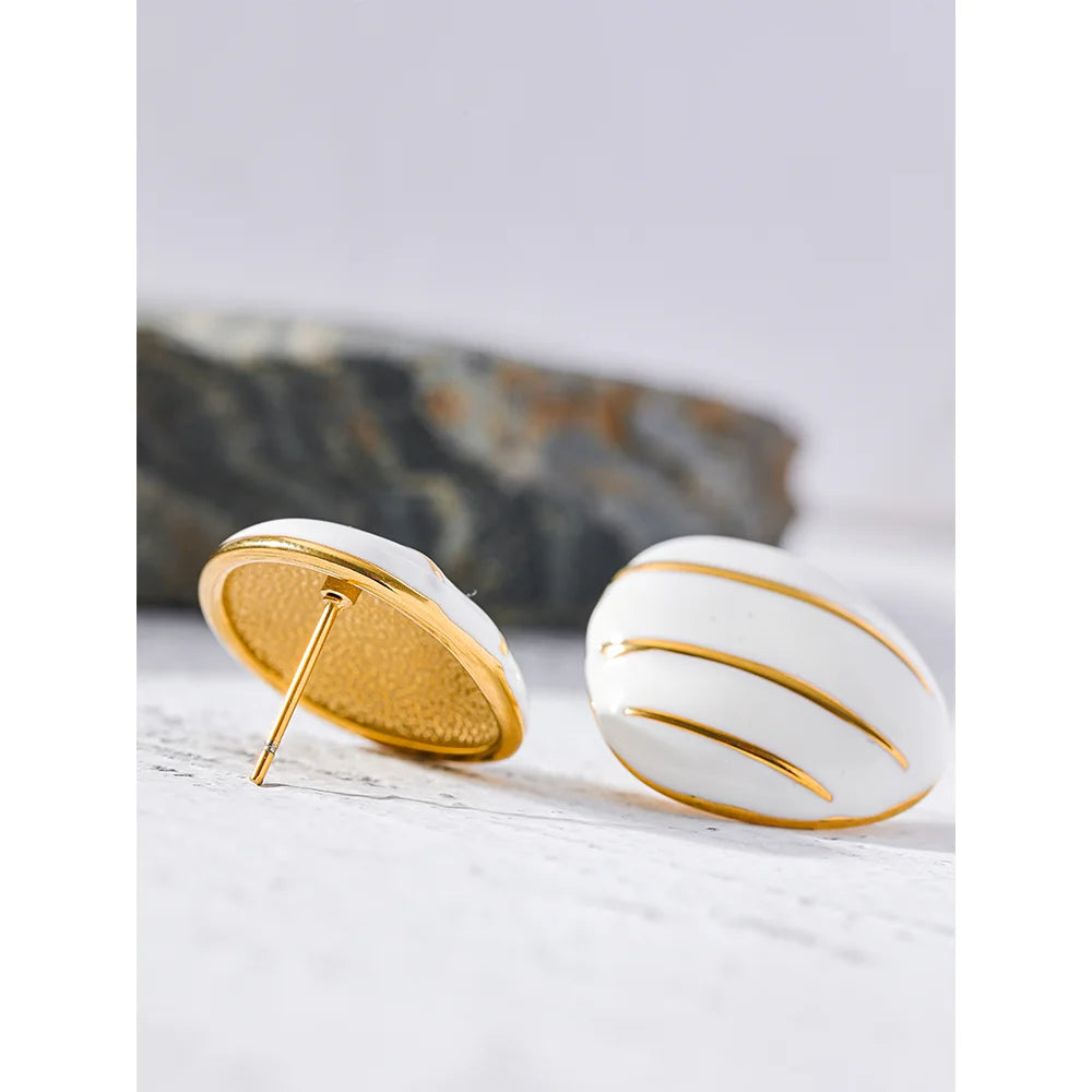 Yhpup cor branca esmalte aço inoxidável frança vintage brincos para mulher 18k pvd banhado à moda jóias nova bijoux femme