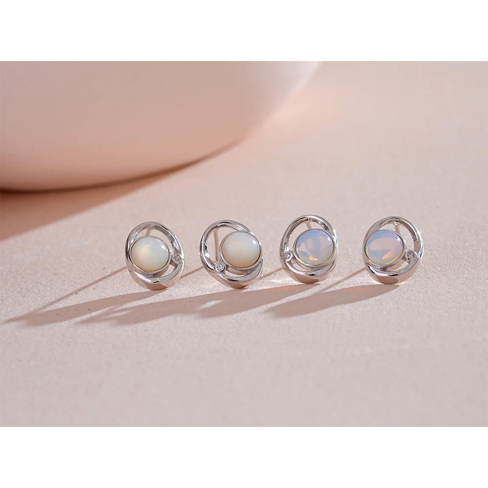 Yhpup moda pedra natural opala concha cz redondo oco brincos para mulheres s925 prata esterlina requintado chique jóias