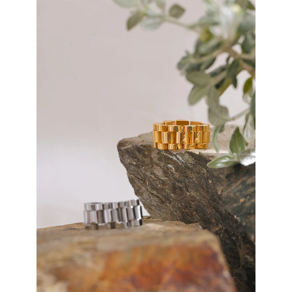 Yhpup novo anel de dedo com corrente de aço inoxidável à prova d'água, textura de metal personalizada, charme à prova de ferrugem, joias da moda para mulheres