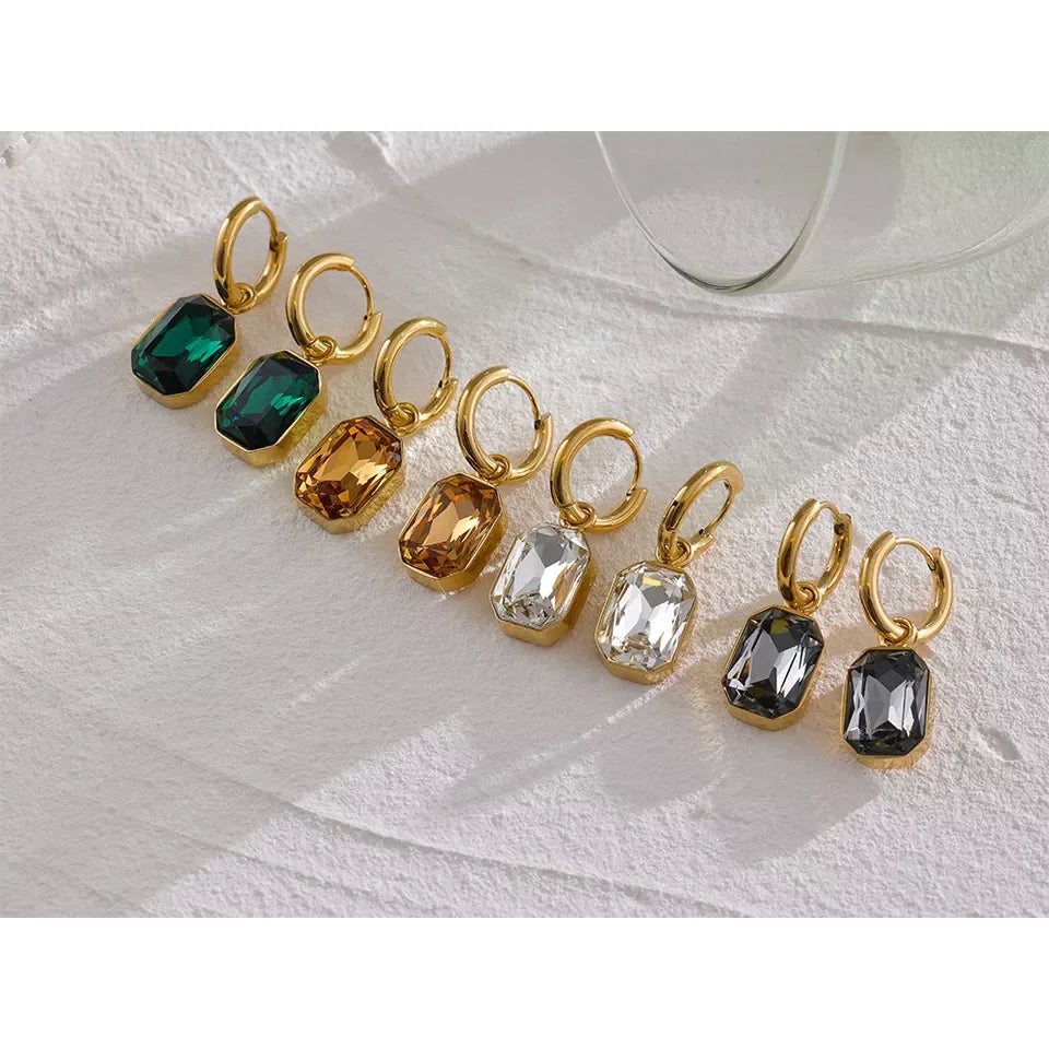 Yhpup Brincos pendentes de zircônia cúbica de aço inoxidável, brincos da moda banhados a ouro 18k, joias geométricas quadradas verdes