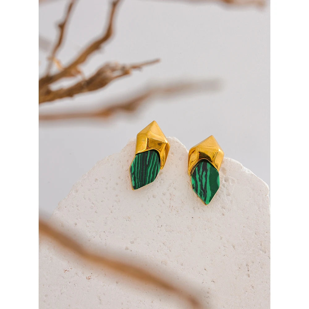 Yhpup 316l aço inoxidável malaquita pedra geométrica verde brincos de alta qualidade ouro moda jóias acessórios presente