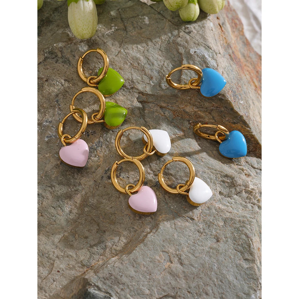 Yhpup-Brincos de argola feminina com esmalte de coração, charme impermeável fofo na moda, joias coloridas de verão, presente de gala, aço inoxidável
