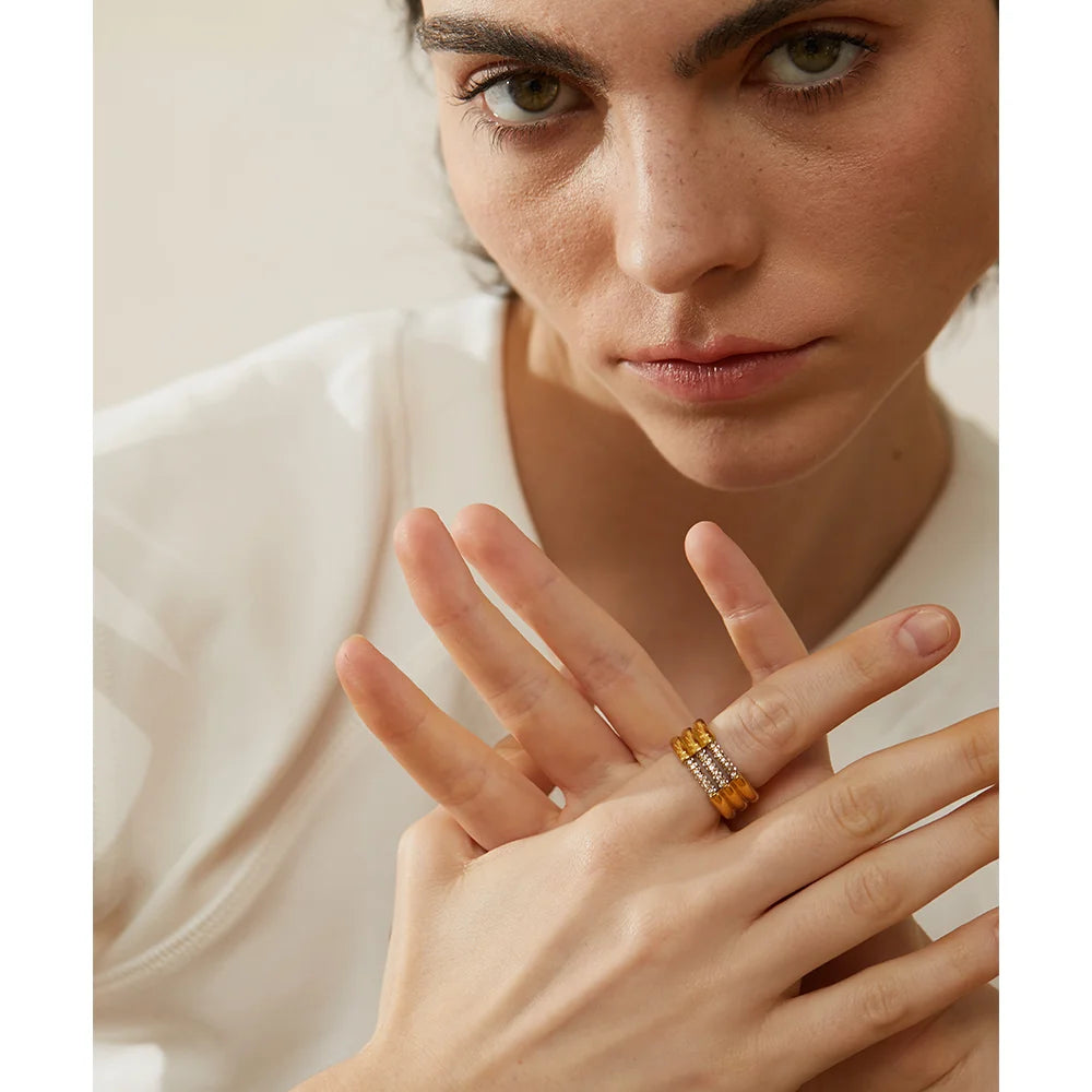 Yhpup novo exclusivo em camadas geométricas de aço inoxidável zircônia cúbica anel textura metal alta qualidade na moda jóias femininas
