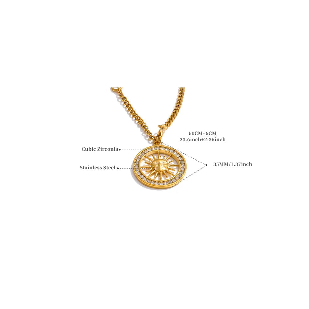 Yhpup estilo quente zircônia redonda sol oco pingente colar 18k cor de ouro aço inoxidável requintado premium jóias presente