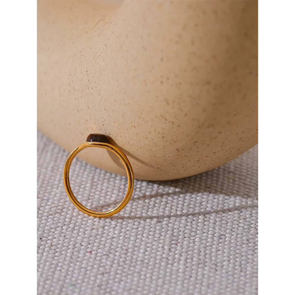 Yhpup chique pedra natural aço inoxidável moda anel minimalista cor de ouro à prova dwaterproof água frança jóias acessórios femininos presente