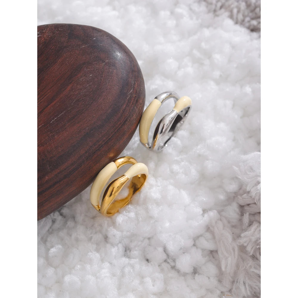 Yhpup anel requintado de aço inoxidável bege esmalte moda 18k ouro platina pvd banhado diariamente joias de dedo bijuterias para mulheres