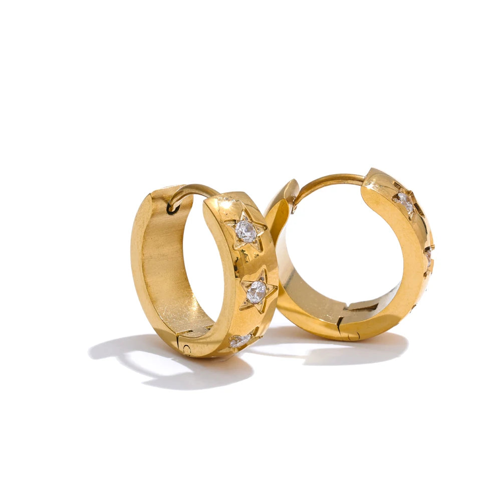 Yhpup tamanho: 16*16mm zircônia estrela redonda brincos de argola diários para mulheres evitam alergias joias chiques de alta qualidade em aço inoxidável