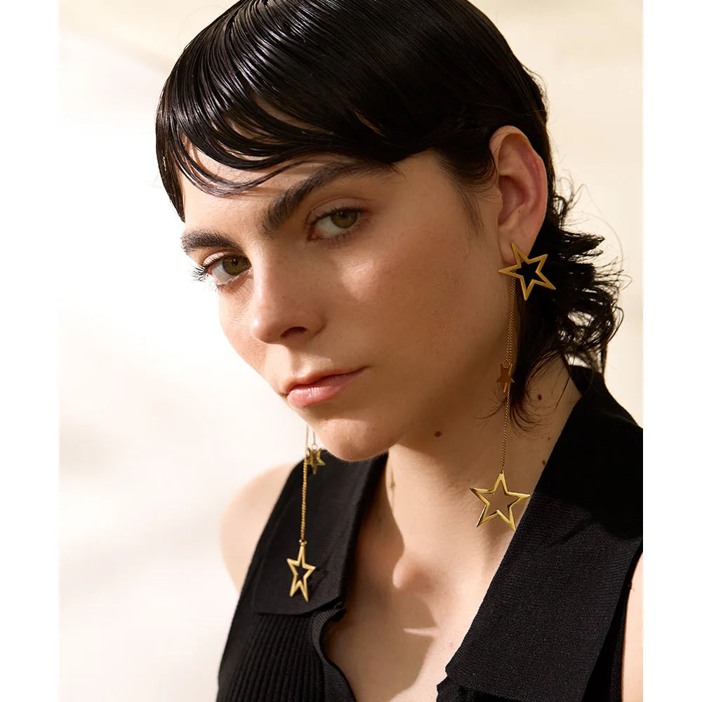 Yhpup moda estrela longa gota balançar brincos de aço inoxidável 18k banhado a ouro à prova dwaterproof água temperamento festa jóias gala