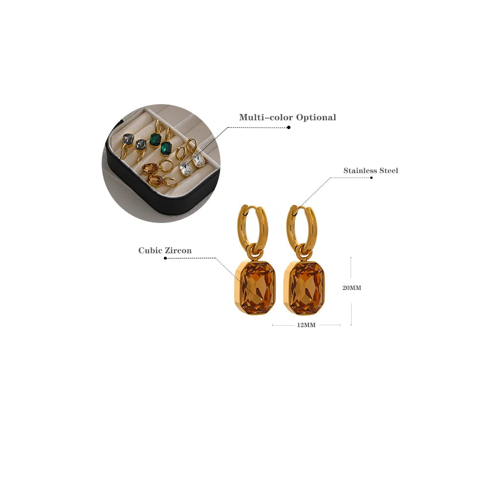Yhpup Brincos pendentes de zircônia cúbica de aço inoxidável, brincos da moda banhados a ouro 18k, joias geométricas quadradas verdes