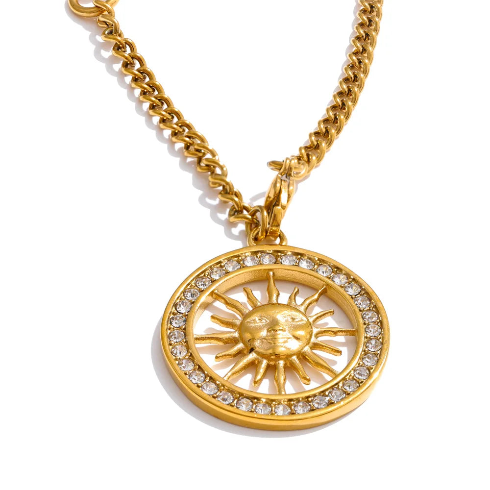 Yhpup estilo quente zircônia redonda sol oco pingente colar 18k cor de ouro aço inoxidável requintado premium jóias presente