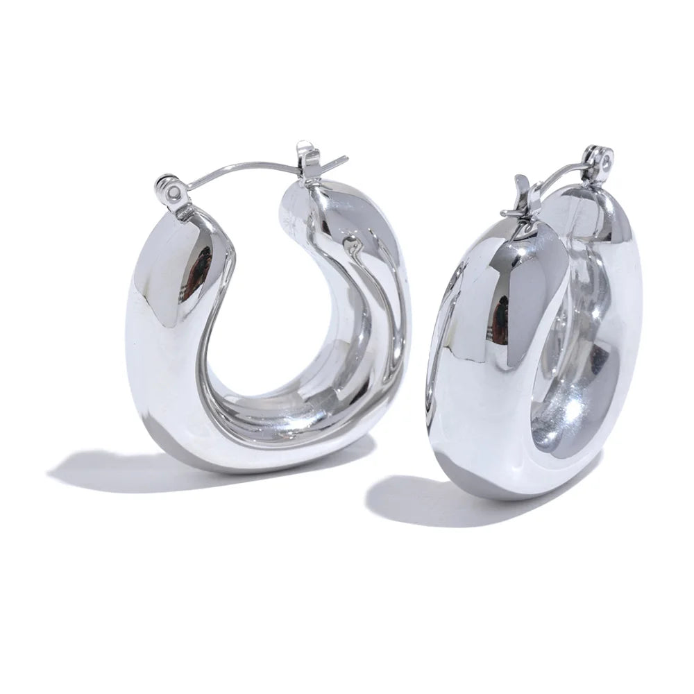 Yhpup brincos de argola grossos geométricos redondos de aço inoxidável de alta qualidade para mulheres charme metal simples joias da moda à prova d'água