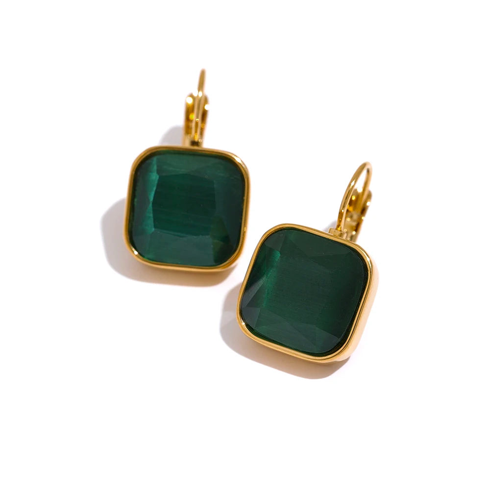 Yhpup delicado colorido vintage charme quadrado opala pedra brincos de gancho francês aço inoxidável 18k banhado a ouro joias à prova d'água