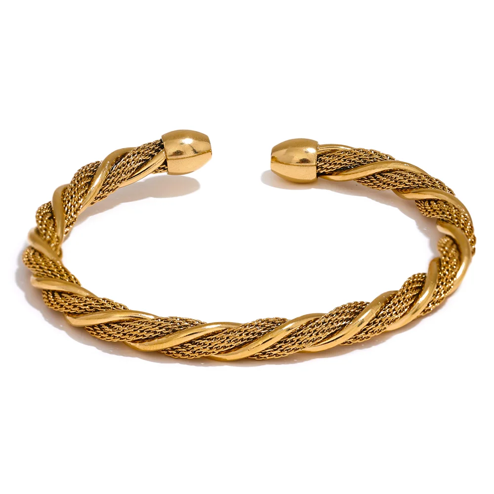 Yhpup pulseira redonda torcida de aço inoxidável à prova d'água, pulseira aberta para mulheres, textura de metal, joia de declaração, presente