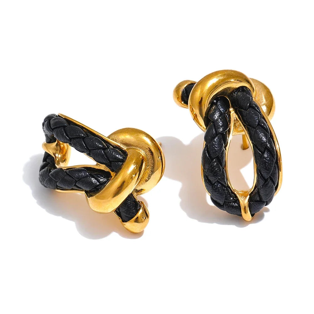 Yhpup vermelho preto branco couro nó geométrico oco brincos na moda aço inoxidável resistente à água elegante jóias exclusivas
