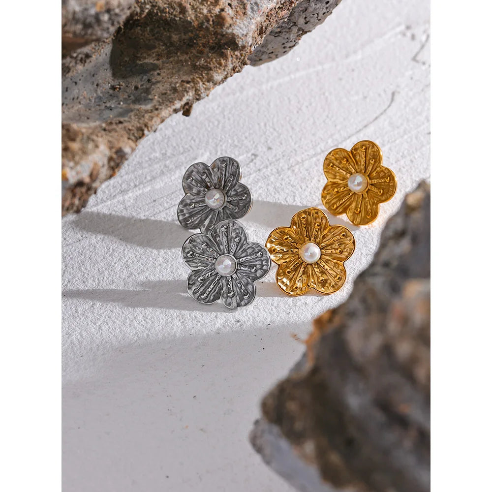Yhpup moda flor imitação de pérolas brincos de aço inoxidável à prova d' água joias femininas 18k pvd banhado elegante bijuterias presente