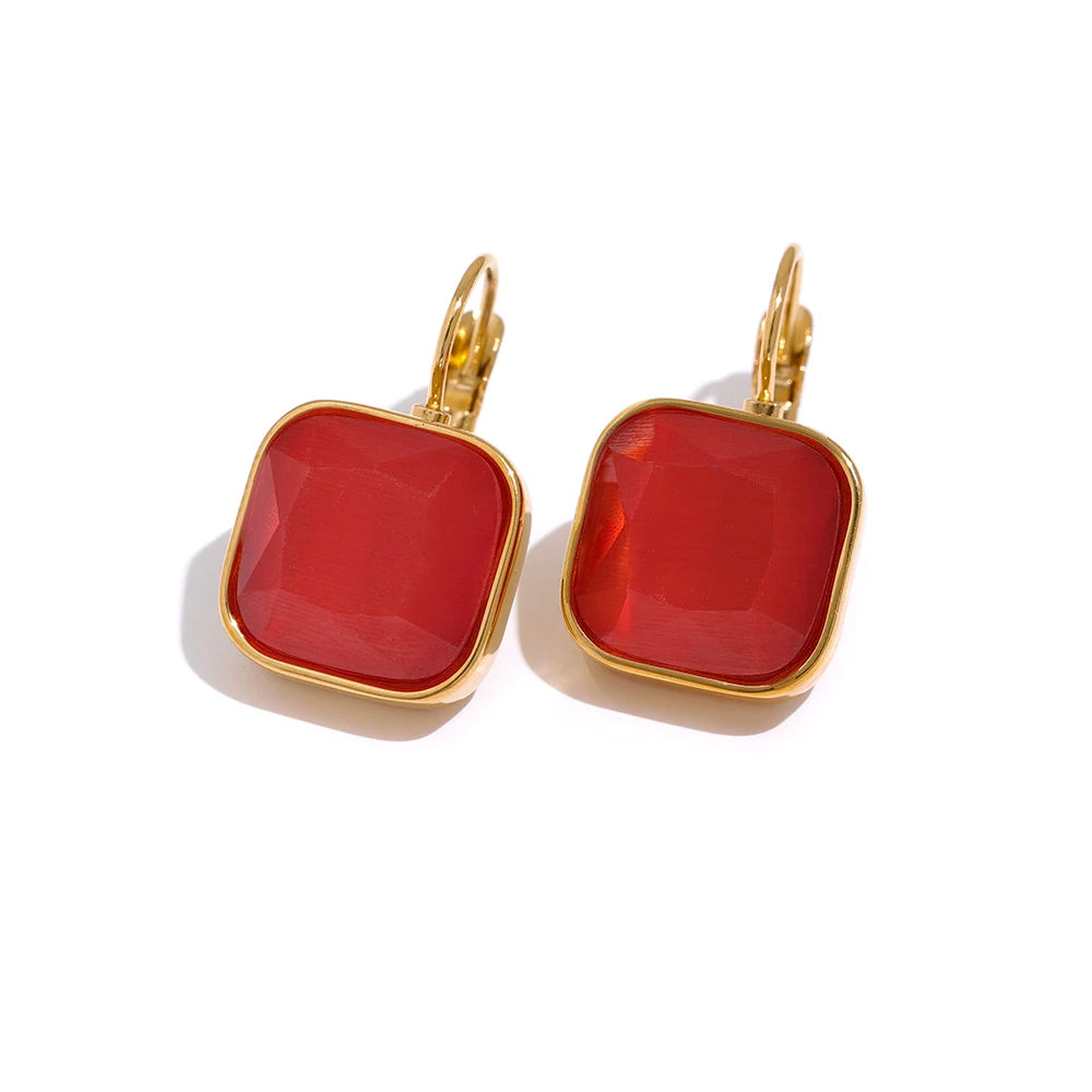 Yhpup delicado colorido vintage charme quadrado opala pedra brincos de gancho francês aço inoxidável 18k banhado a ouro joias à prova d'água