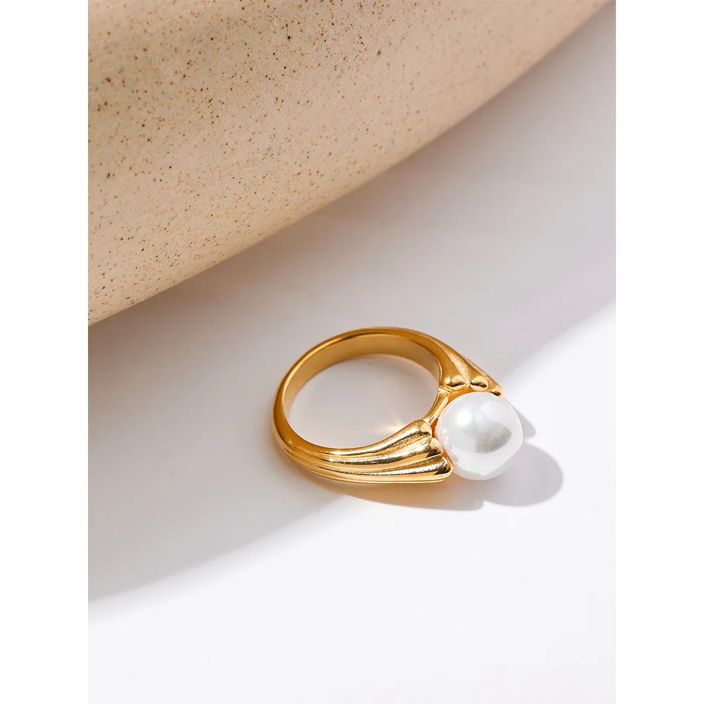 Yhpup anel de pérola de concha de aço inoxidável sem manchas, pingente de cor dourada 18k, joias vintage elegantes para mulheres, presente de gala