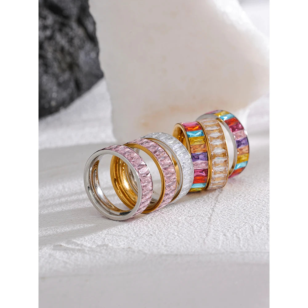 Yhpup delicado brilhante colorido zircônia cúbica aço inoxidável anel múltiplo de alta qualidade luxo cz bling popular moda jóias