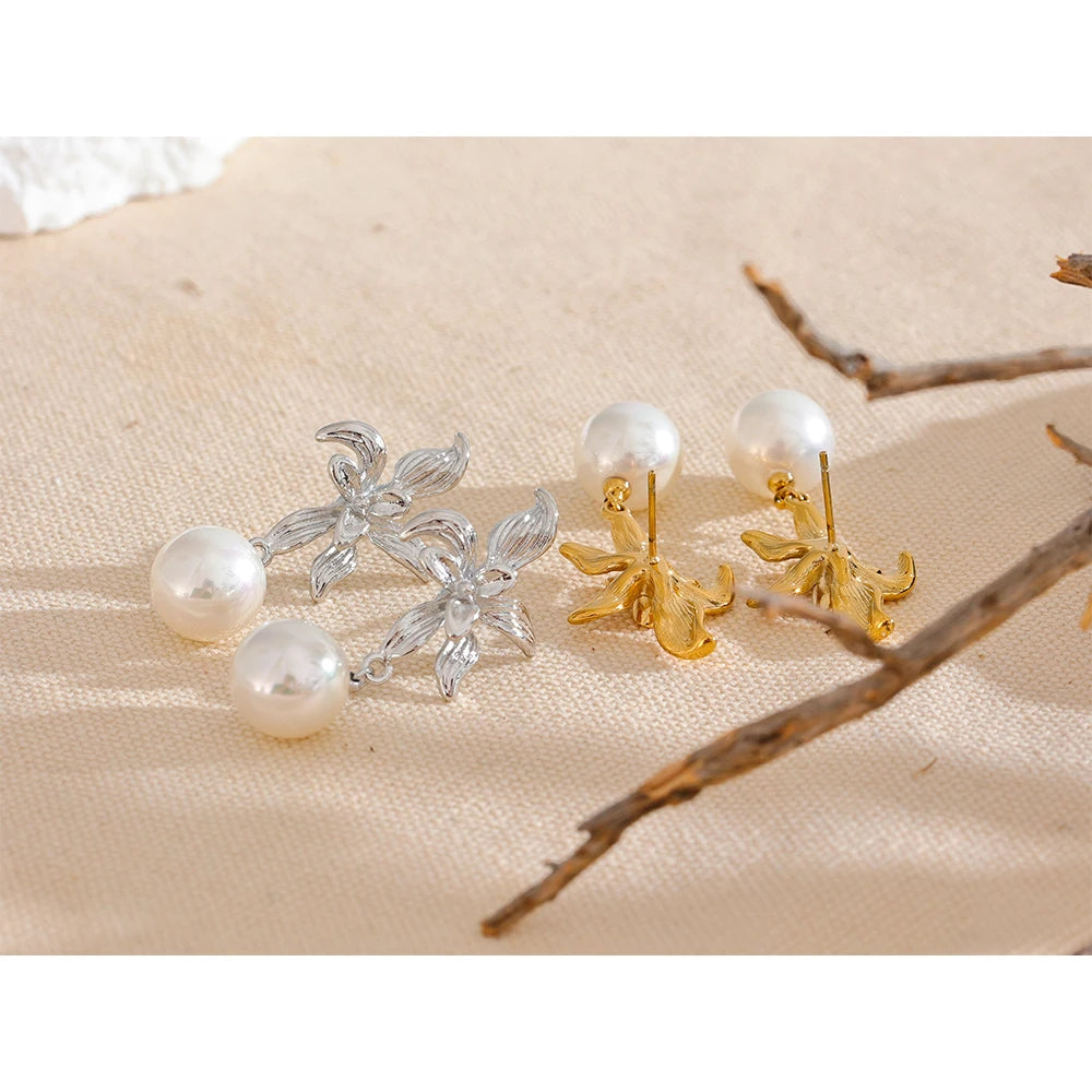 Yhpup-Brincos de aço inoxidável com pérolas imitadas para mulheres, flor impermeável, acessórios elegantes para joias, moda coreana, novo