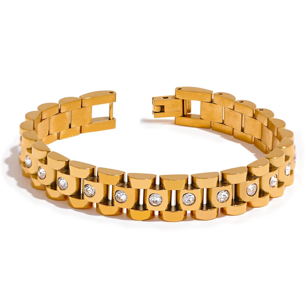 Yhpup 18cm imitação de pérolas de aço inoxidável pvd banhado a ouro grosso corrente cubana charme pulseira moda jóias wome