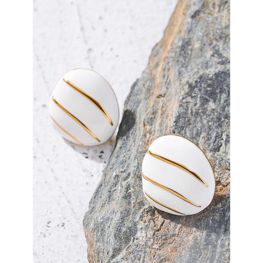 Yhpup cor branca esmalte aço inoxidável frança vintage brincos para mulher 18k pvd banhado à moda jóias nova bijoux femme