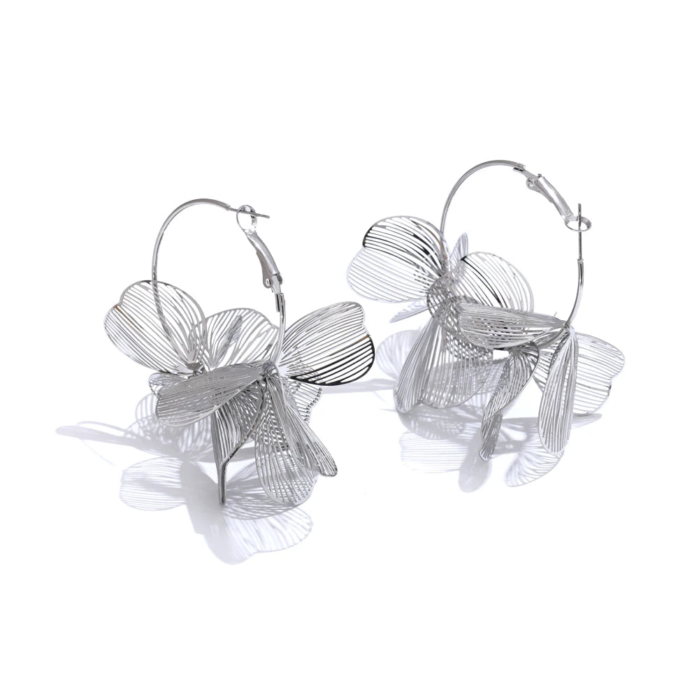 Yhpup design exclusivo de aço inoxidável flor de metal brincos de argola grandes 2024 personalidade moda joias atraentes à prova d'água