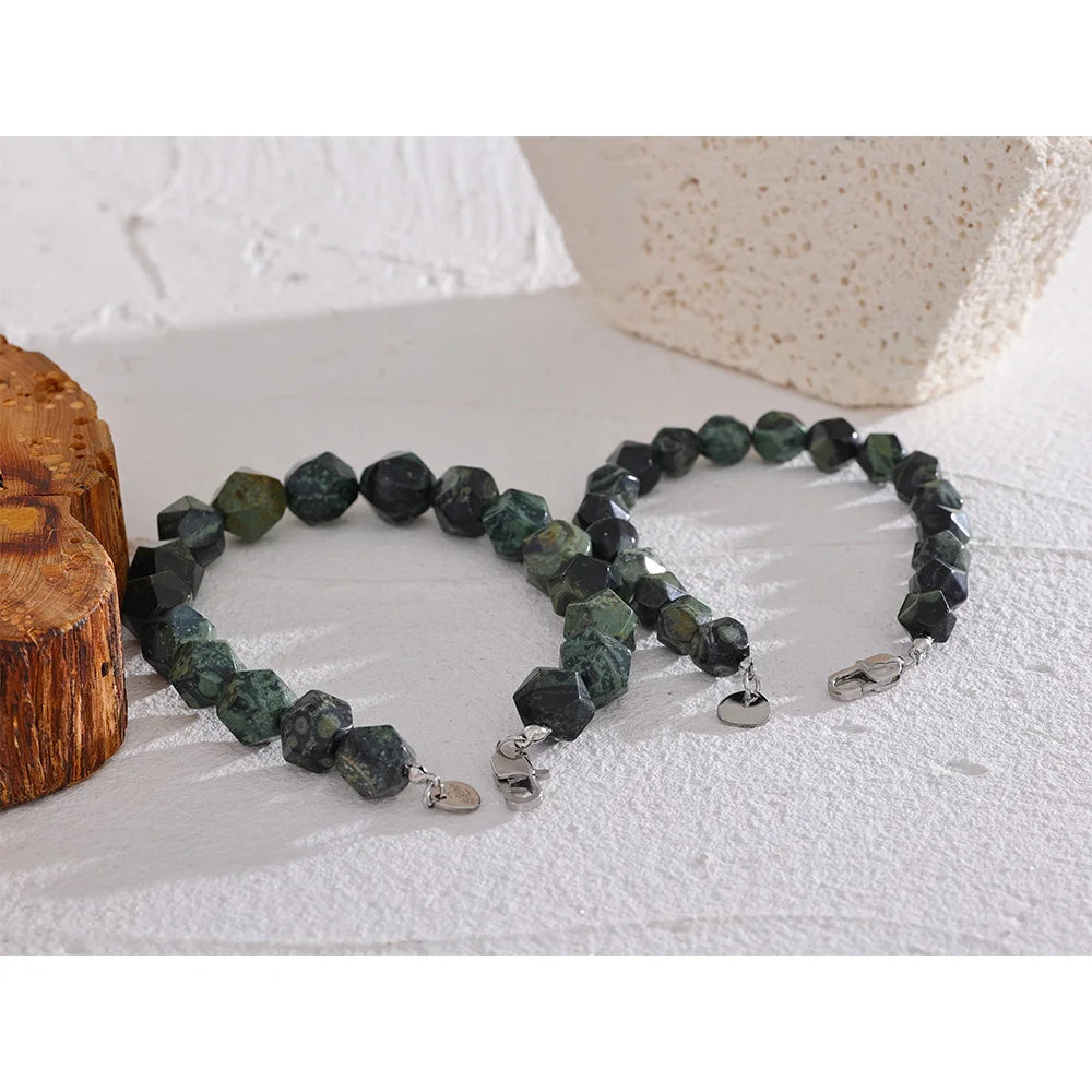 Yhpup-Natural Malaquita Pedra Contas Pulseira para Homens e Mulheres, Pulseira de Aço Inoxidável, Unisex Saúde Jóias, Cadeia Artesanal, 8 #, 10 #